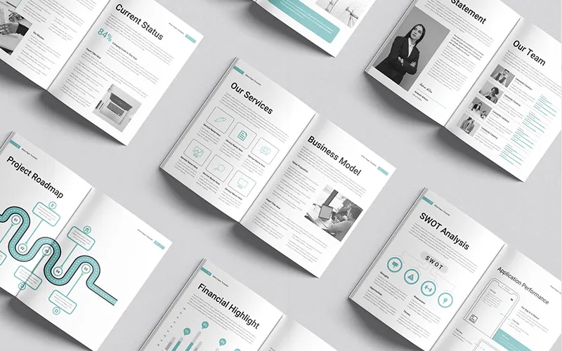 Grid of white paper sections with charts and roadmap