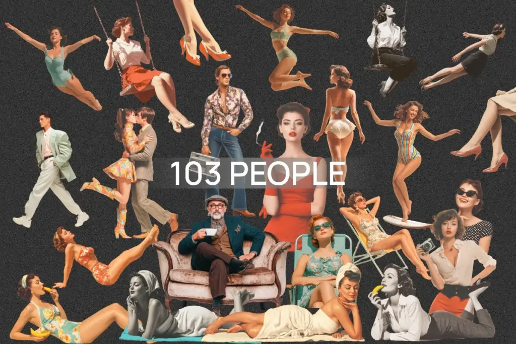 Retro collage of 103 mid-century styled individuals in dynamic poses, dressed in vintage fashion against a dark background