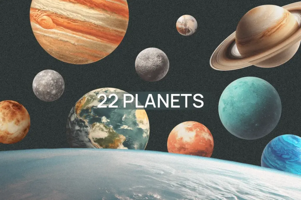 Digital collage of 22 realistic and fictional planets floating in space, with Earth’s surface visible in the foreground