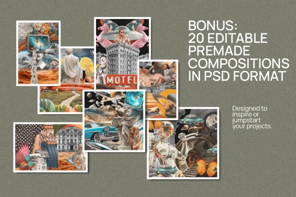 Collage of 20 surreal premade PSD compositions featuring vintage motifs, space themes, sculptures, and futuristic scenes