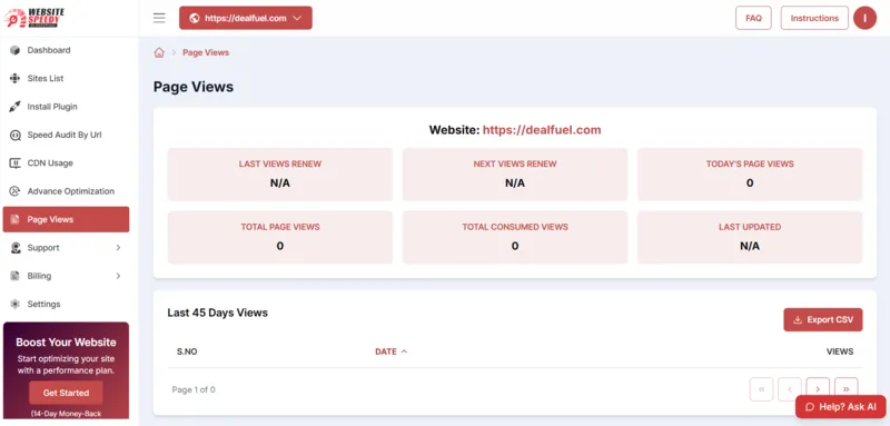 Pages Views Interface, WordPress Speed Optimizer