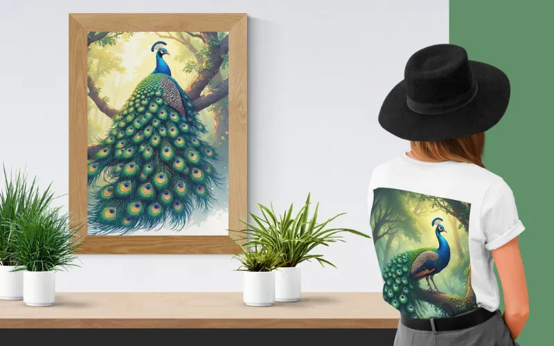 A high-res Peacock image used on a hanging wall frame