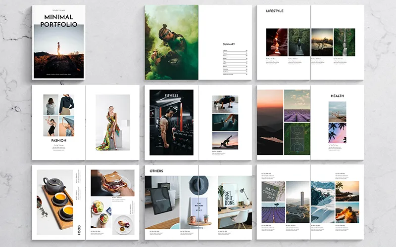 A collage of open portfolio pages showcasing different layouts and categories like 'LIFESTYLE', 'FASHION', 'FITNESS', 'HEALTH', and 'OTHERS', with a cover page that says "MINIMAL PORTFOLIO".