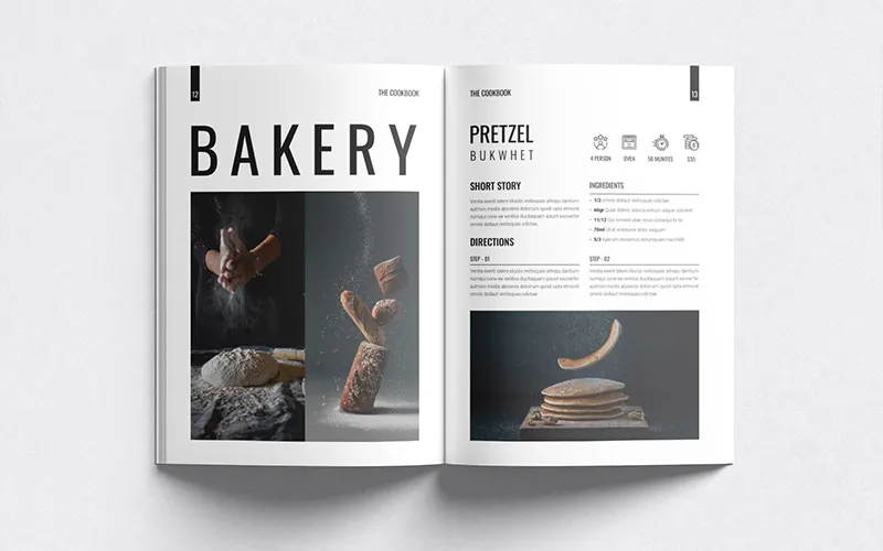 Cookbook spread with pretzel recipe and bakery visuals.