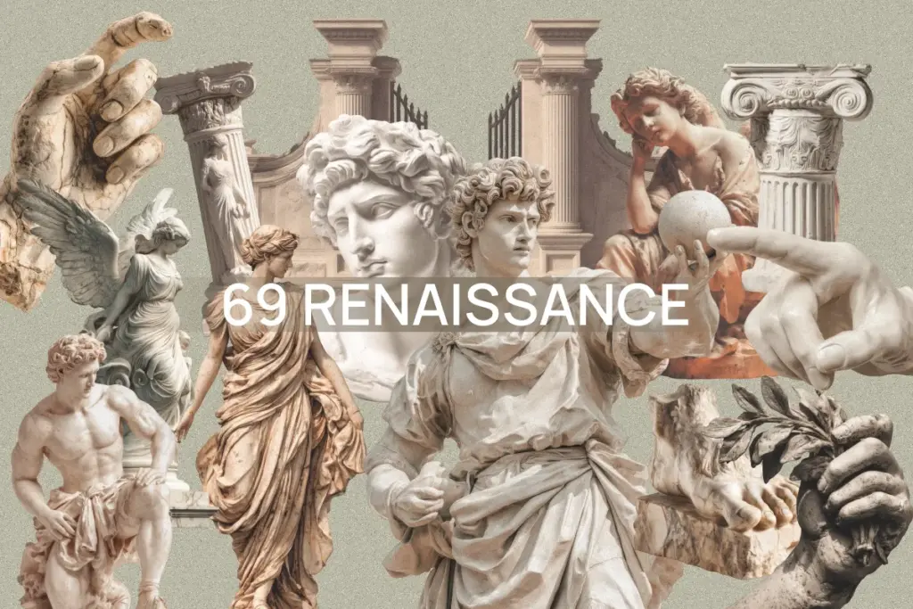 Elegant collage of 69 Renaissance-style sculptures and architectural elements including classical statues and columns
