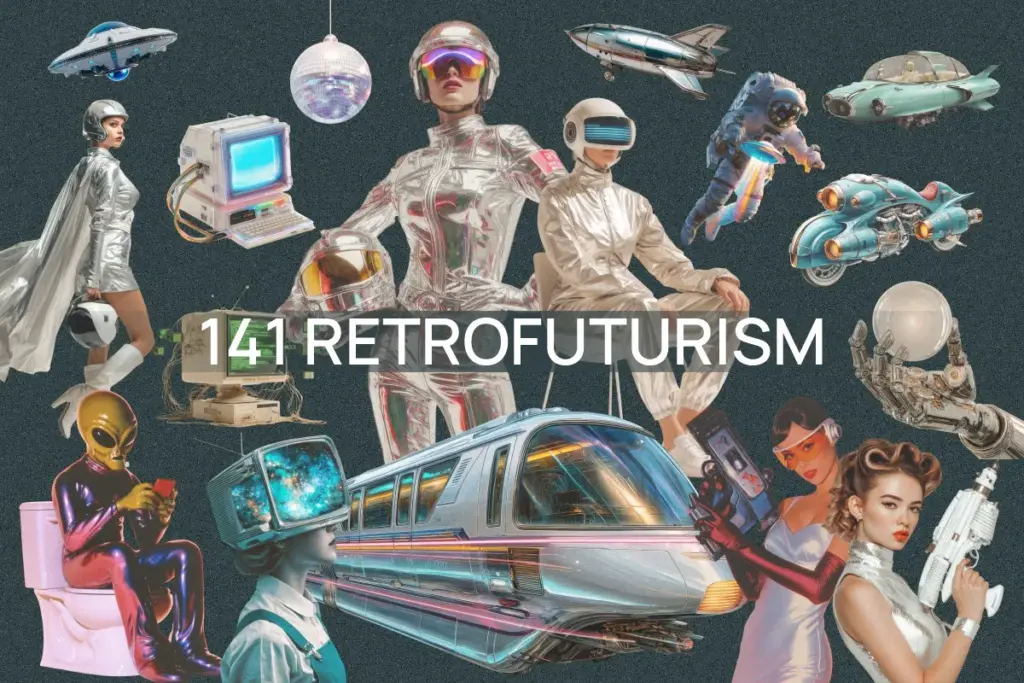 Bold collage of 141 retrofuturistic elements including flying cars, space-age fashion, vintage tech, and robotic figures
