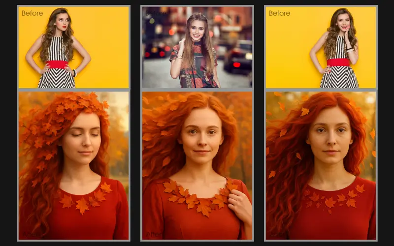 Red Hair Photo Effect applied to a collage of images of a woman.