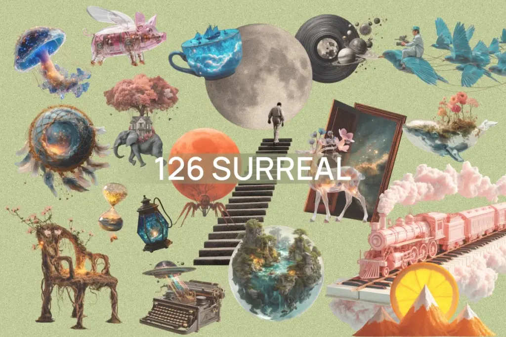 Dreamlike collage of 126 surreal elements including flying whales, moon staircases, teacup oceans, and mushroom lanterns