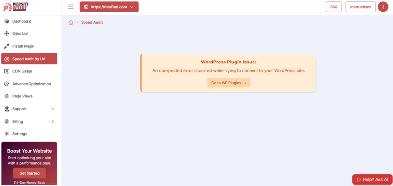 Speed Audit by URL Interface of Website Speedy