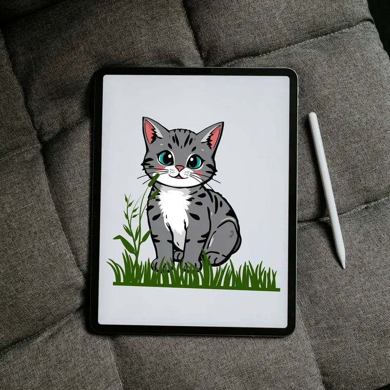 Cat on grass picture on a tab screen