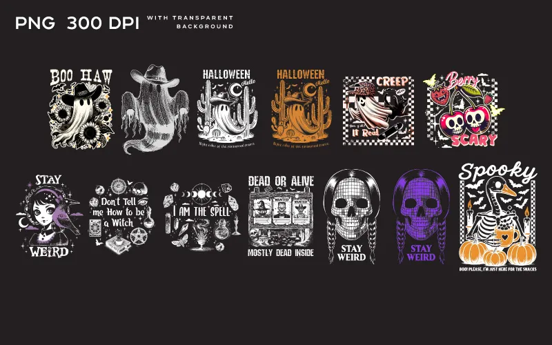 A grid of Halloween clipart designs. It features cowboy ghosts, cactus ghosts, a ghost in a checkered bandana, cherry skulls, a witch girl, occult symbols, a wanted poster, purple skull heads, and a skeleton duck.