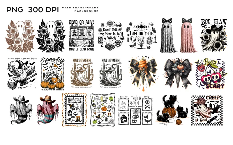 A grid of Halloween clipart. Designs include sunflowers and ghosts, a wanted poster, witch symbols, knitted ghosts, a cowboy ghost, a skeleton duck, various Halloween bows, cherry skulls, and stamp-style graphics.