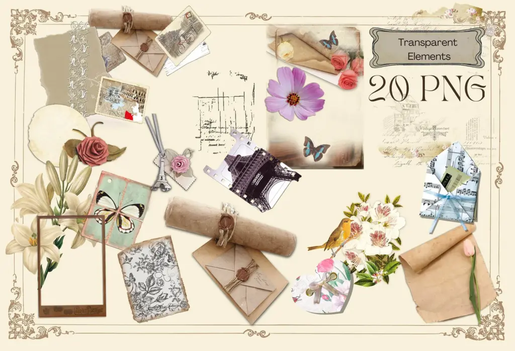 A collection of individual vintage watercolor elements including botanical illustrations and old paper scraps.