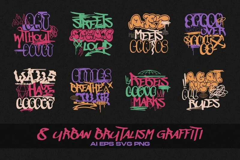 Collage of 8 retro Urban Brutalism Grafitti Designs For streetwear t-shirt Designs