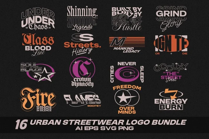 Collage of 8 Urban Logo Typography Designs For streetwear T-shirts