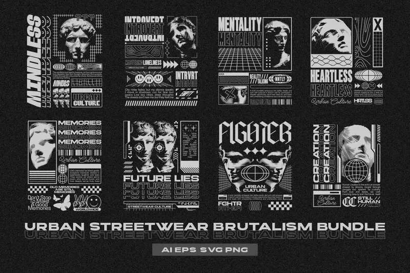 Collage of 8 Urban Streetwear Brustalism Designs For T-shirts
