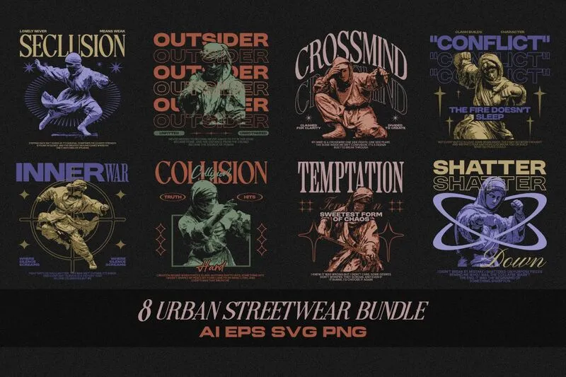 Collage of 8 Urban Streetwear Statue Designs For T-shirts