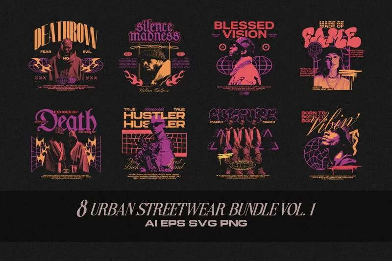 Collage of 8 Urban Streetwear V-1 Designs For Streetwear T-shirts