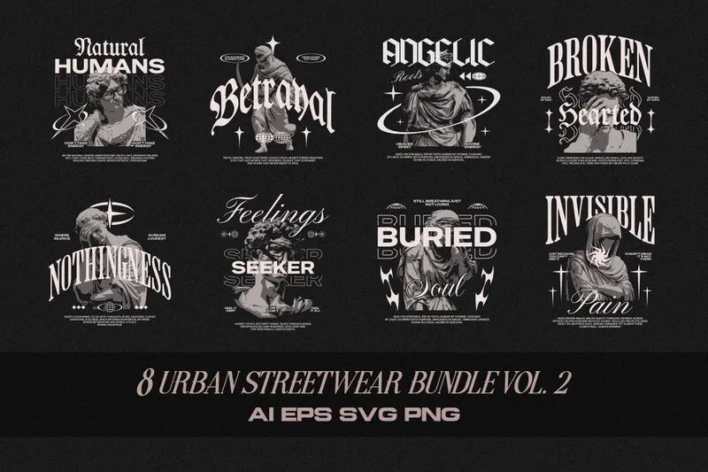 Collage of 8 Urban Streetwear V-2 Designs For T-shirts