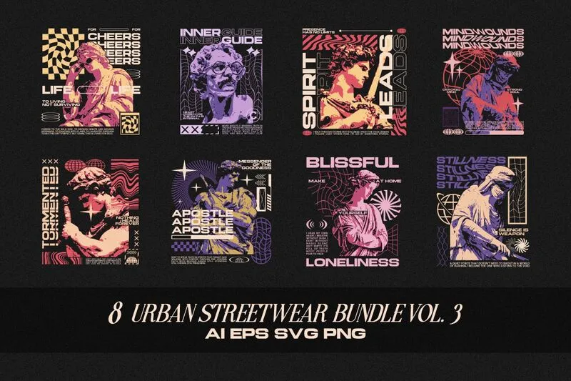 Collage of 8 Urban Streetwear V-3 Designs For Streetwear T-shirts