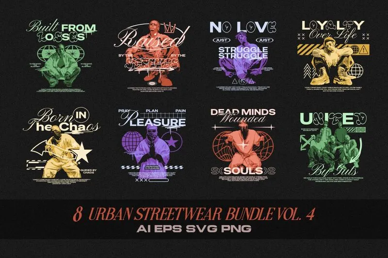 Collage of 8 Urban Streetwear V-4 Designs For T-shirts