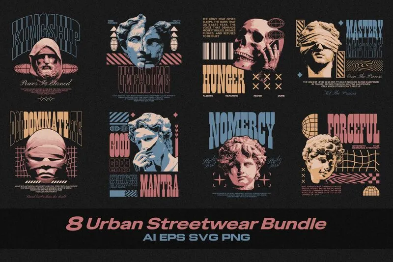 Collage of 8 Urban Streetwear Designs For T-shirts
