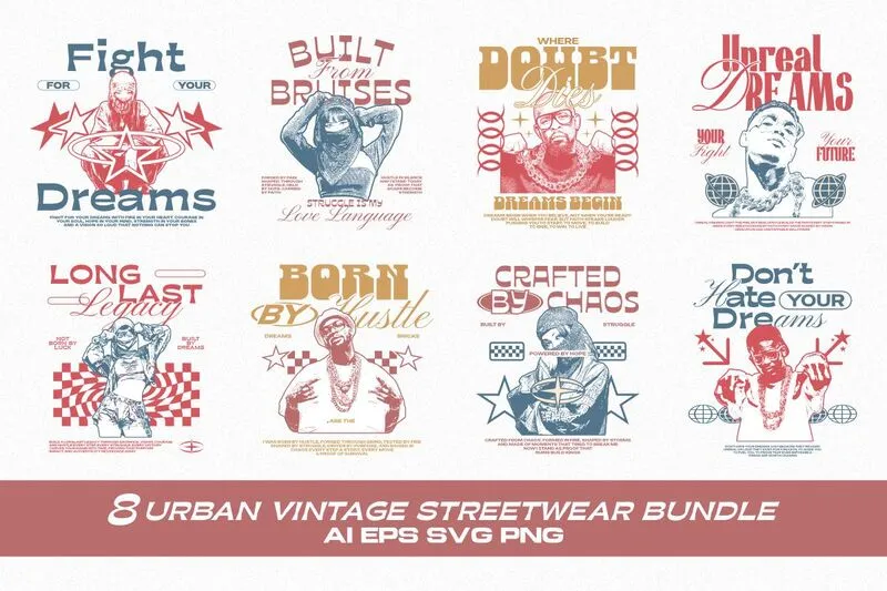 Collage of 8 Urban Vintage Streetwear Designs For Streetwear T-shirts