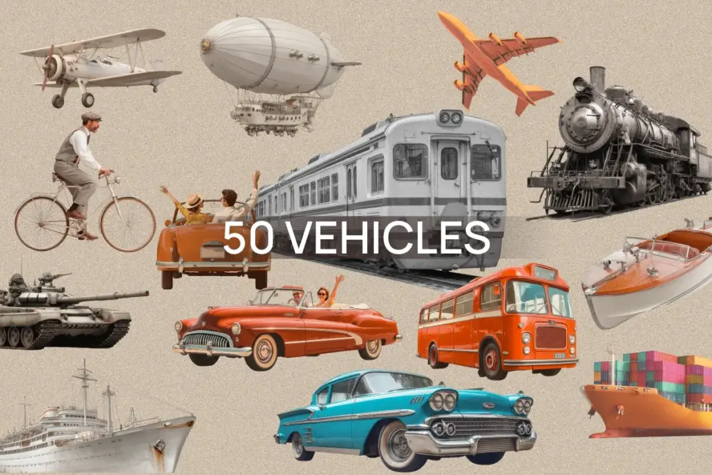 Collage of 50 vehicles from vintage biplanes and steam trains to classic cars, yachts, and cargo ships