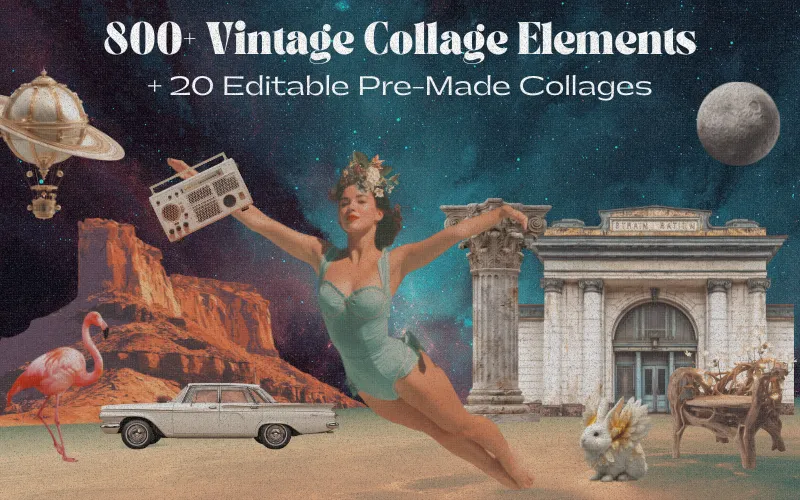 800+ Vintage Collage Elements + 20 Editable Pre-Made Collages Feature Image