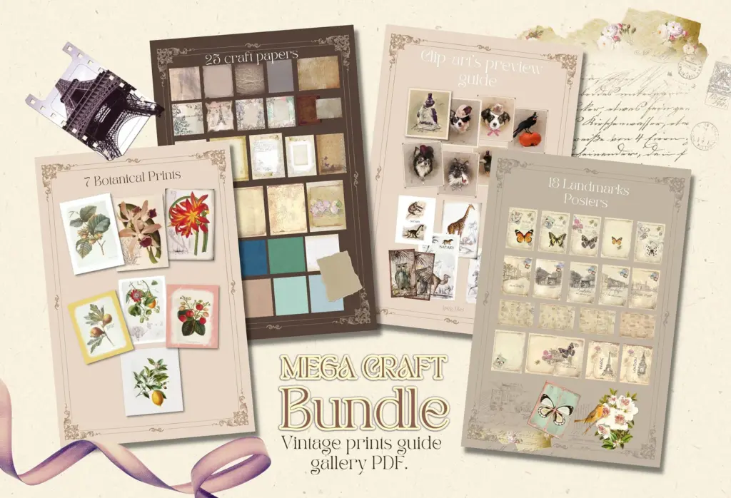 Four different vintage wall art prints are displayed, showing botanical and butterfly illustrations on aged paper.