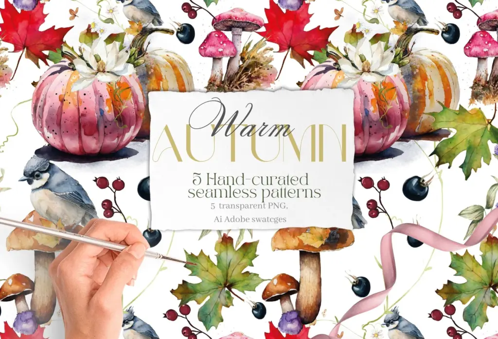 A vertical preview of a single seamless pattern of warm watercolor leaves and berries.