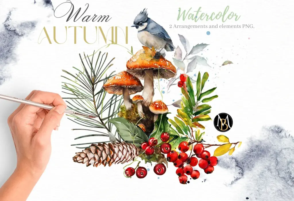 an individual watercolor bouquet arrangement of autumn leaves and flowers.