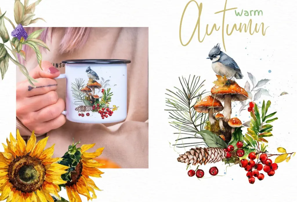 Two large watercolor bouquet arrangements with pumpkins, leaves, and fall flowers.