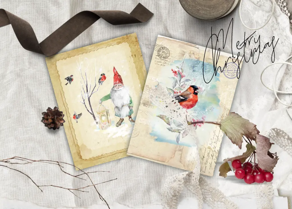 Two different cards are shown, one with a gnome and the other with a bullfinch, on a textured background.