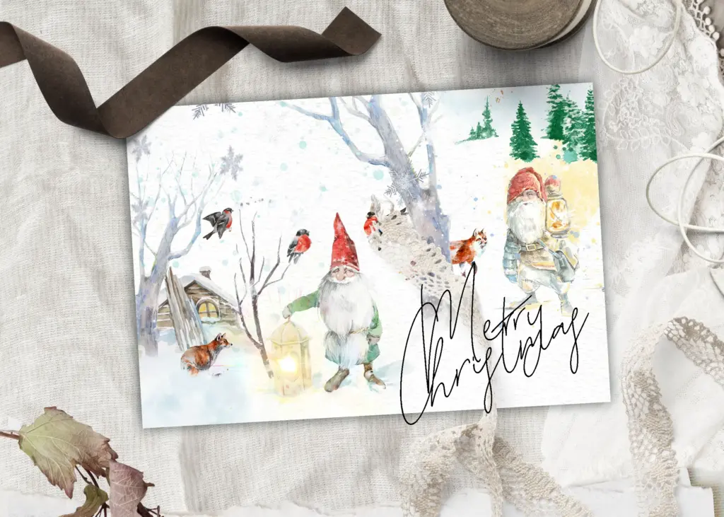 A flat card mockup with a watercolor winter scene shows a gnome, birds, and the text "Merry Christmas."