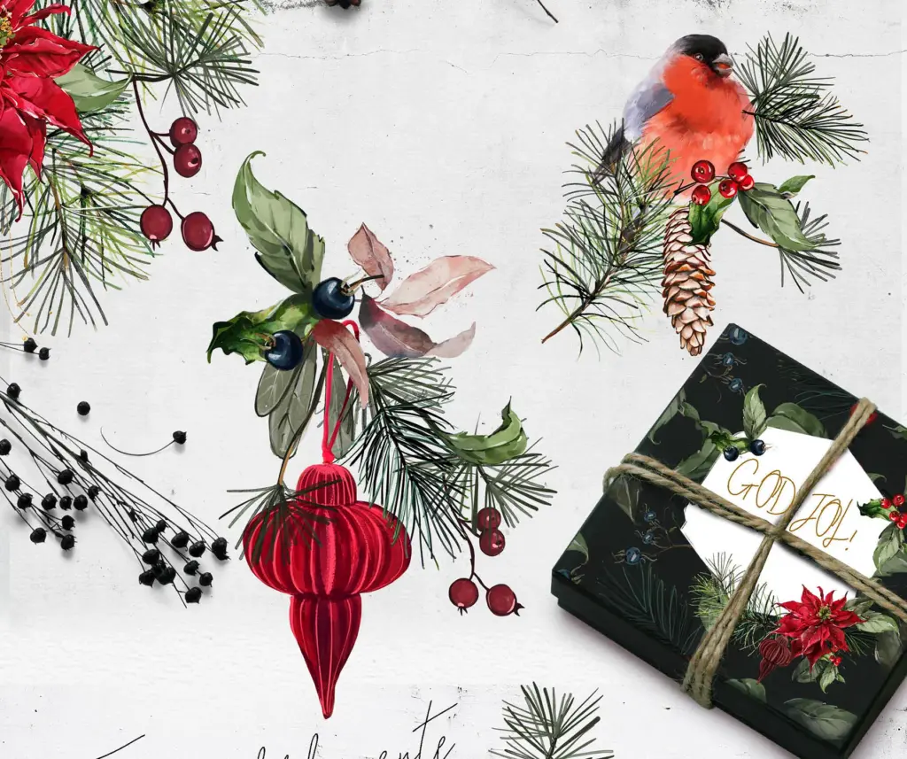 A hand-drawn Christmas arrangement featuring a bullfinch bird, pine cone, and berries, is shown next to a wrapped gift box.