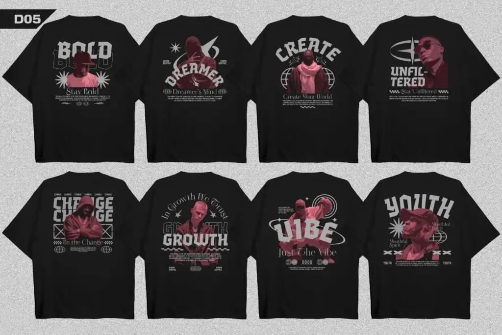 Eight black tees with expressive portraits, streetwear t-shirt designs