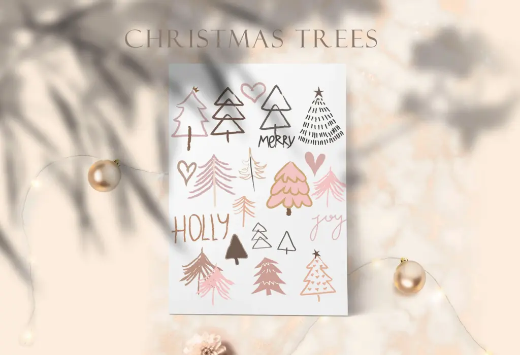 A collection of different hand-drawn Christmas tree illustrations is presented on a page.