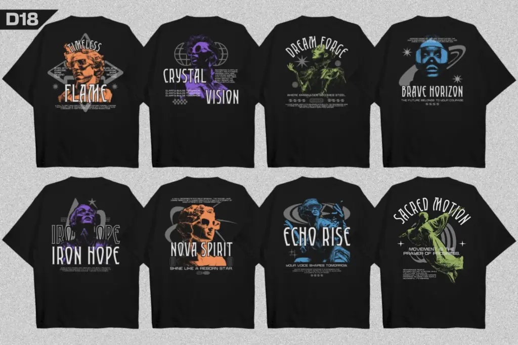 Eight black t-shirts with sci-fi inspired faces and cosmic phrases