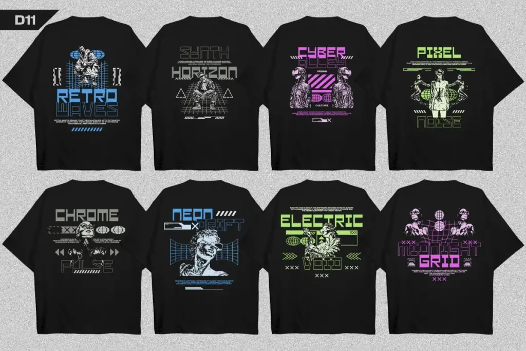 Eight black tees with cyberpunk-inspired graphics featuring glitch effects, robotic faces, and digital motifs