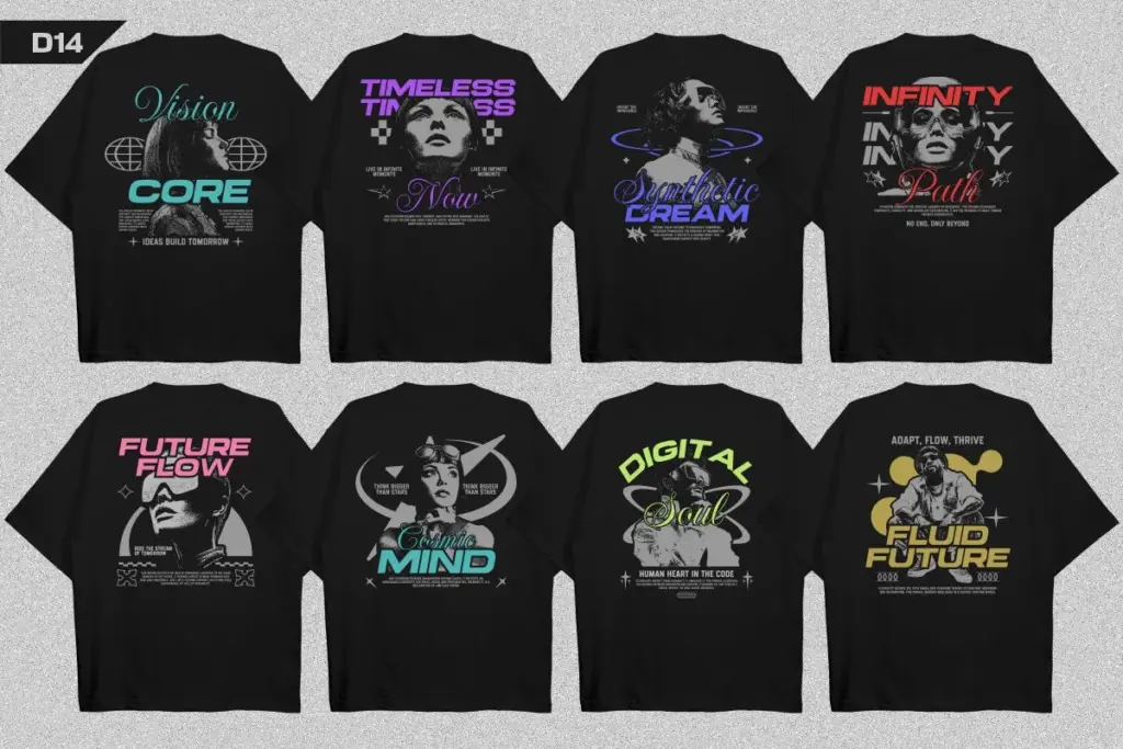 Eight black t-shirts with futuristic portraits and phrases
