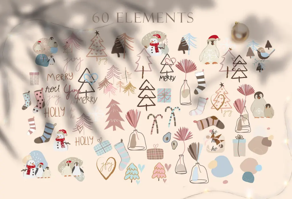 A large collage displays all 60 Christmas elements from the bundle.