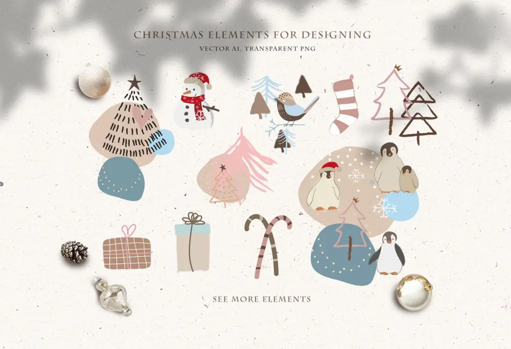 Various Christmas graphics like snowmen and penguins are scattered on a light background.