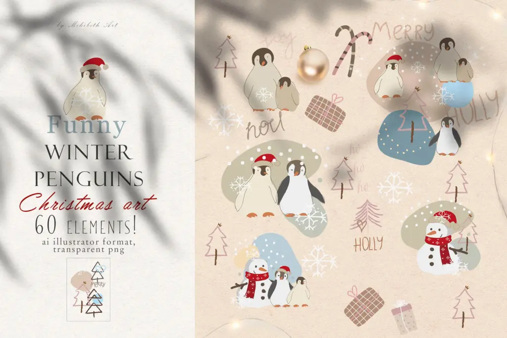 A whimsical penguin in a Santa hat is featured alongside various hand-drawn Christmas elements.