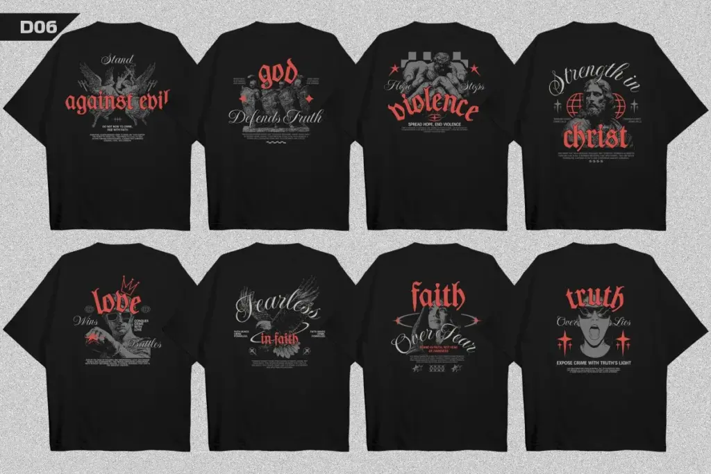 Eight black t-shirts with Christian-themed designs featuring crosses, flames, and spiritual affirmations, streetwear t-shirt designs