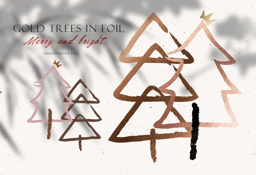 This image shows three hand-drawn Christmas trees with a metallic, gold-foil effect.