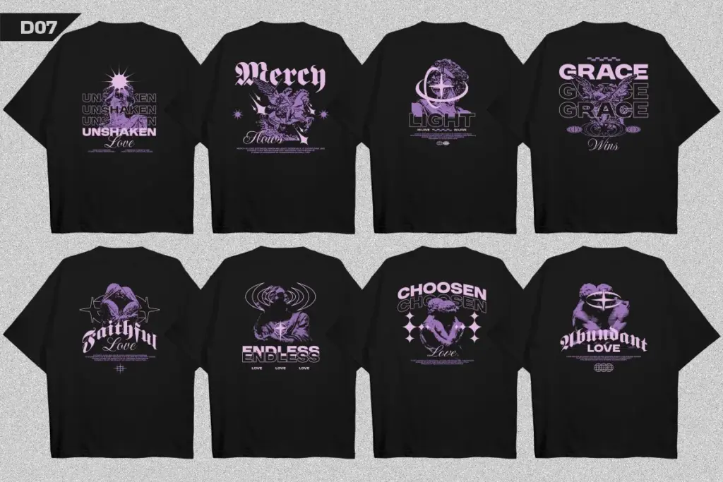 Eight black tees with purple and white religious messages, streetwear t-shirt designs