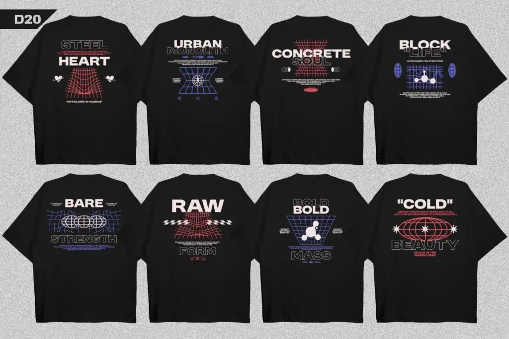 Eight black t-shirts with geometric and industrial designs featuring grids, blocks, and phrases