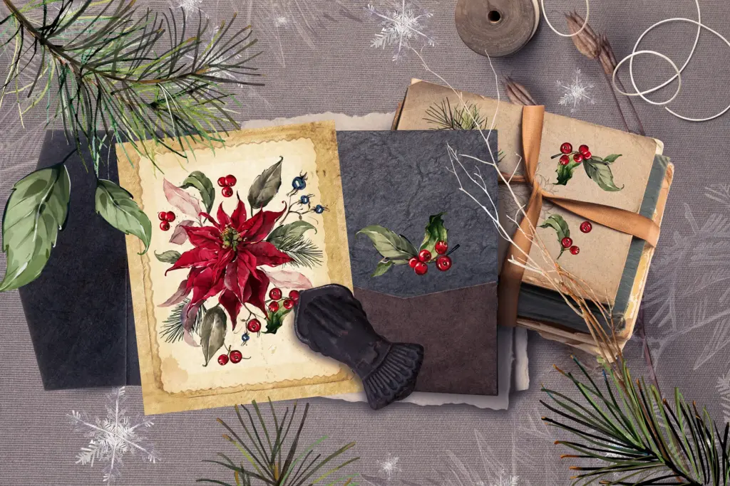 A flat lay shows two Christmas-themed invitation mockups, one with a vintage paper look and the other with a dark textured paper.