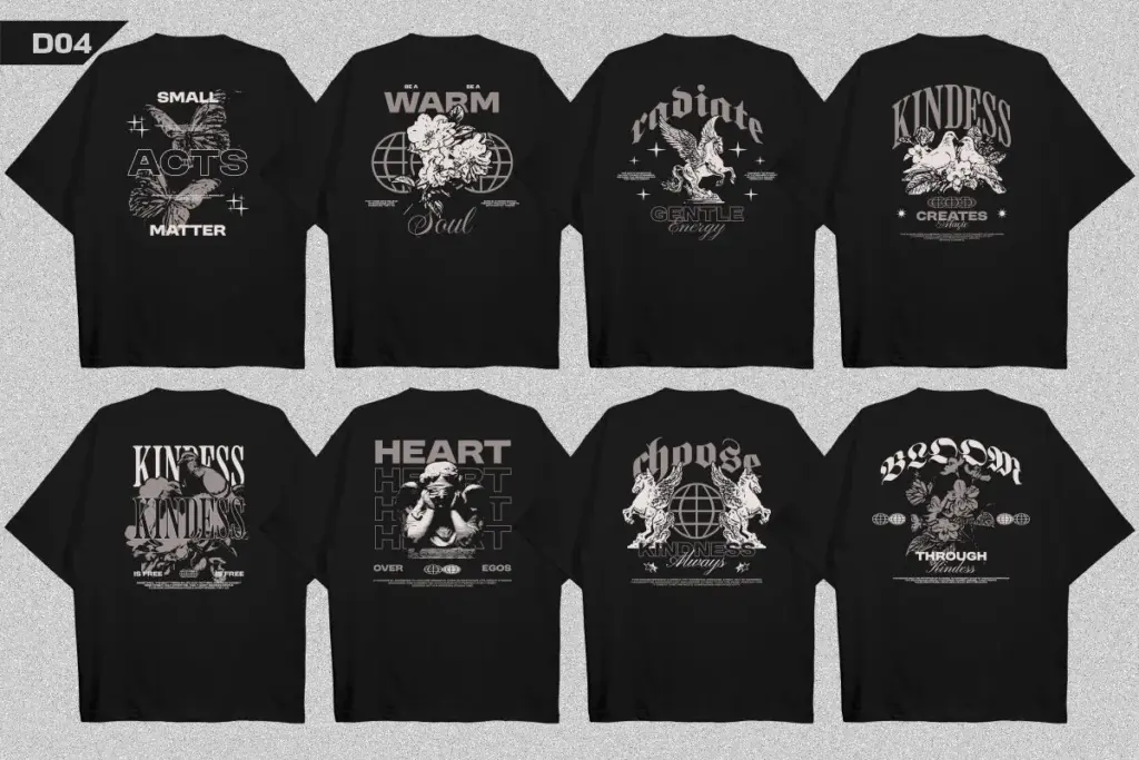 Eight black t-shirts with floral and celestial graphics promoting kindness, warmth, and gentle energy, streetwear t-shirt designs